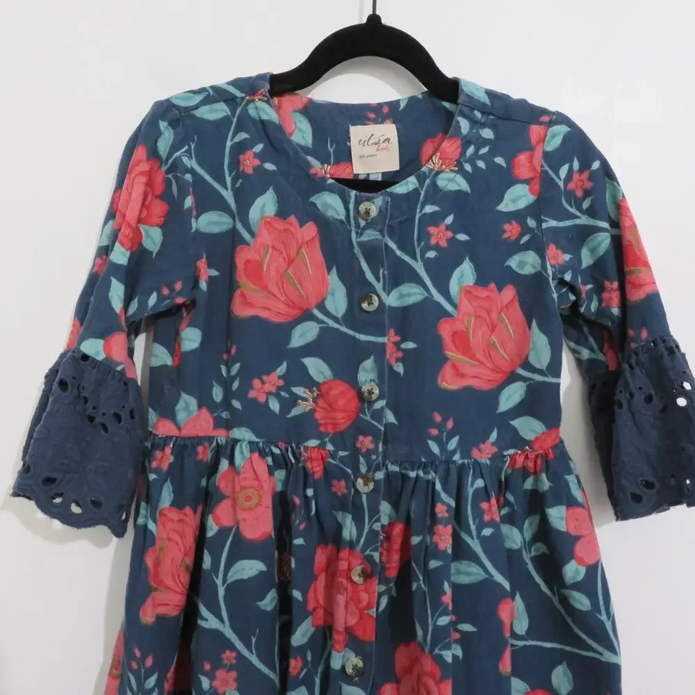 Utsa Kids Size 5-6 Years Blue Pink Floral Dress 3/4 Ruffle Sleeve